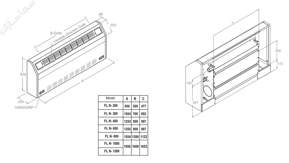 Dimensions Tahvieh Ground fan coil model FLN